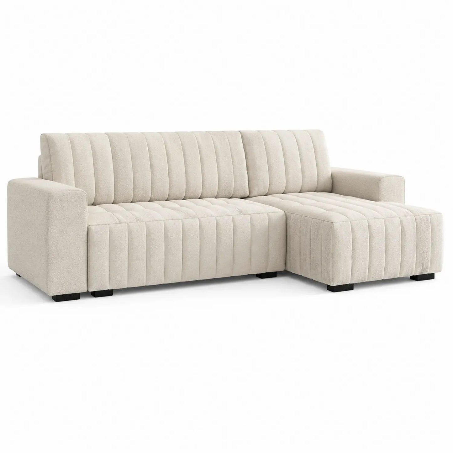 Sofa narożna z szezlongiem prawostronnym tkanina bouclé beżowa modułowa rama drewniana