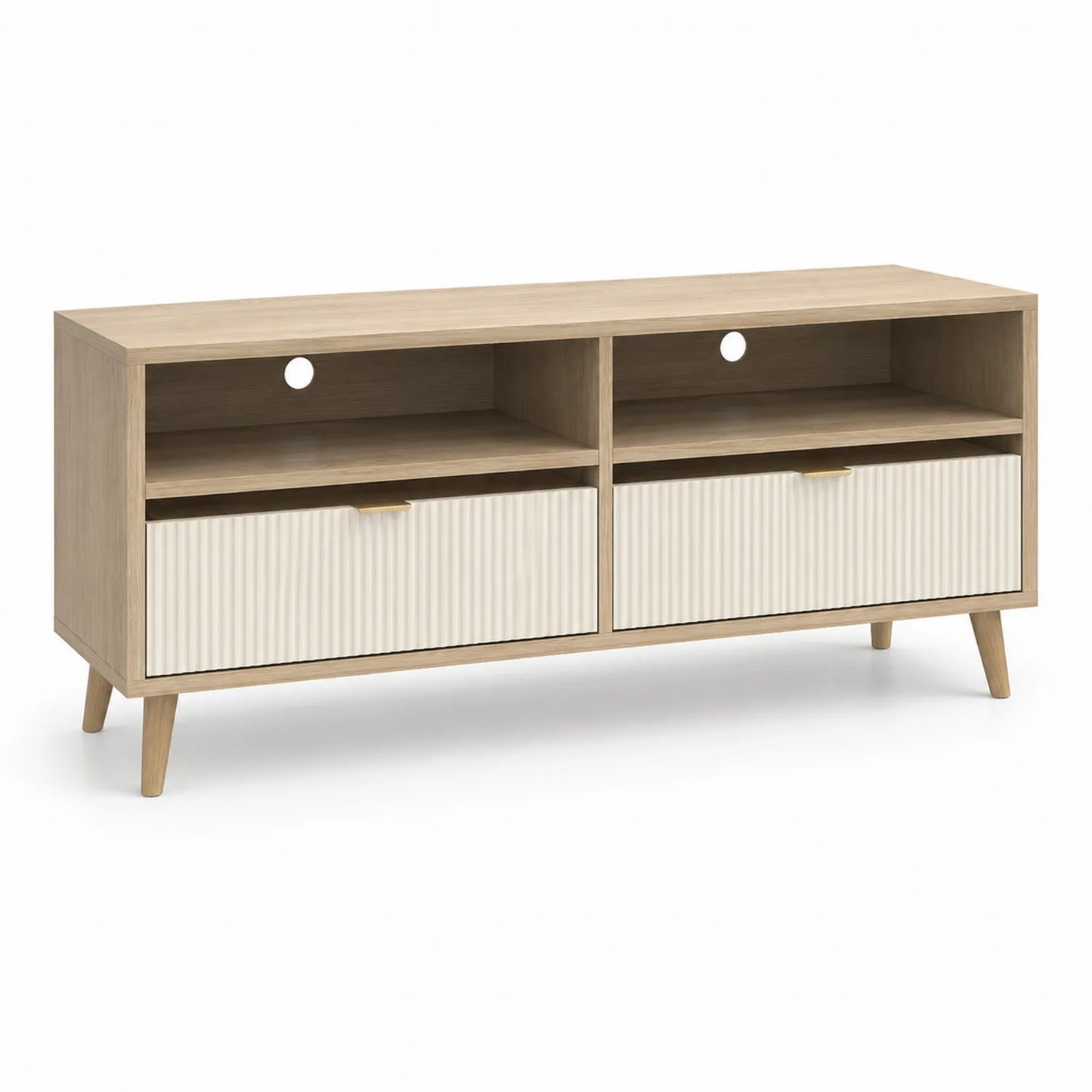 Szafka RTV 120 cm 40 cm 50 cm płyta wiórowa MDF laminowana dąb jasny kremowy 2 szuflady półki otwarte 2 otwory na kable