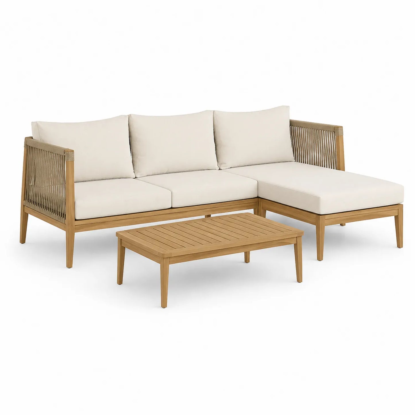 Zestaw mebli ogrodowych sofa narożna z leżanką i stolikiem z drewna akacjowego beżowy naturalne drewno 240 x 160 x 70 cm