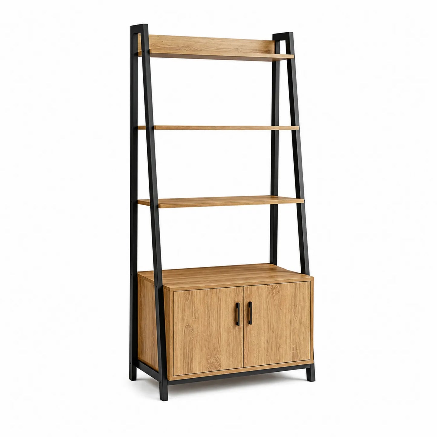 Regał stojący drabinkowy 80 cm 35 cm 180 cm MDF dąb naturalny stalowa czarna rama z szafką 2 drzwi