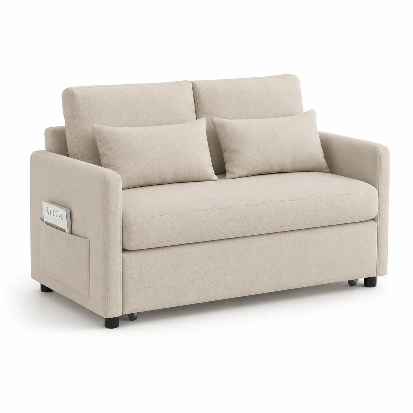 Sofa rozkładana 150 cm 90 cm 85 cm tapicerowana tkanina poliestrowa beżowa z funkcją spania poduszki i boczna kieszeń