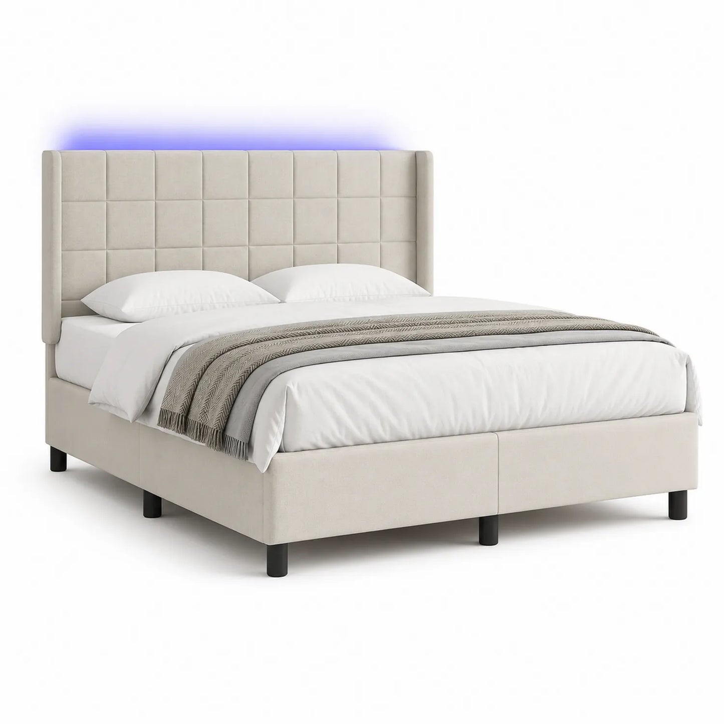Łóżko tapicerowane z oświetleniem LED 160 x 200 cm tkanina poliestrowa MDF prostokątne beżowe