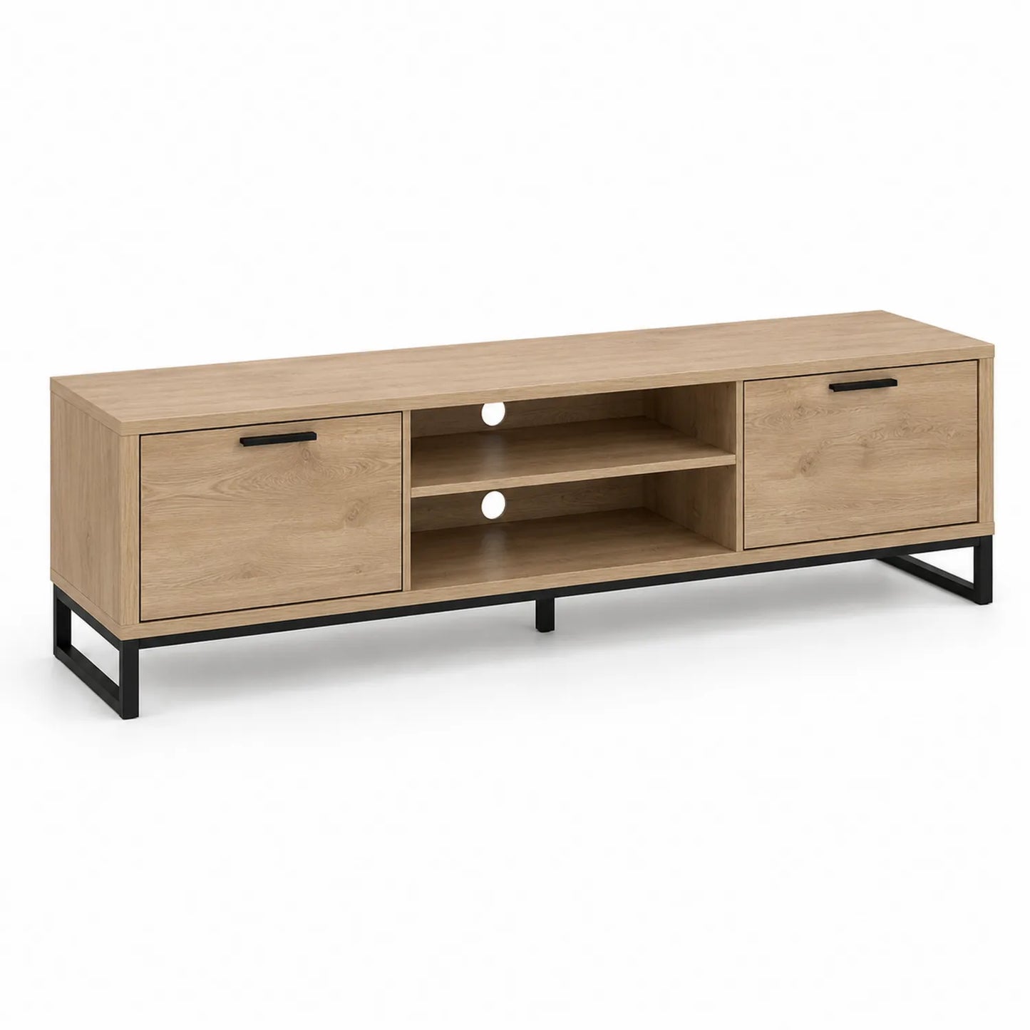 Szafka RTV 180 x 40 x 50 cm MDF dąb naturalny czarny metalowa podstawa 2 drzwi 2 półki