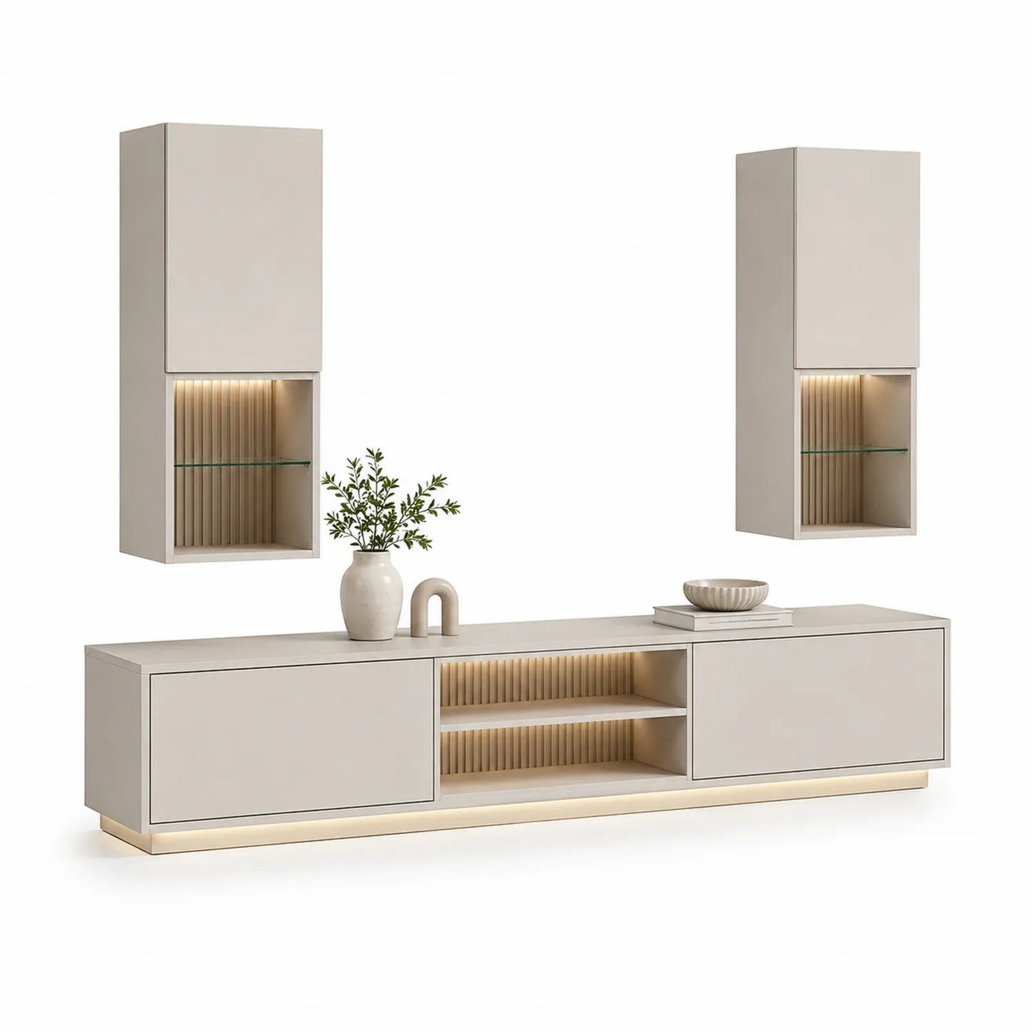 Szafka RTV z 2 szafkami wiszącymi i modułem dolnym 220 x 40 x 170 cm kaszmirowy beż dąb naturalny LED