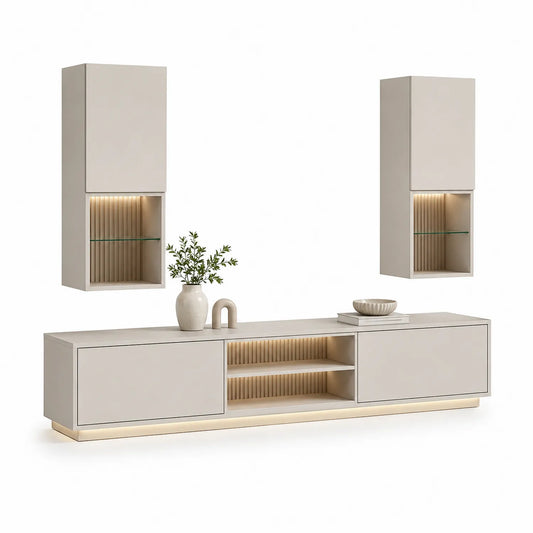 Szafka RTV z 2 szafkami wiszącymi i modułem dolnym 220 x 40 x 170 cm kaszmirowy beż dąb naturalny LED