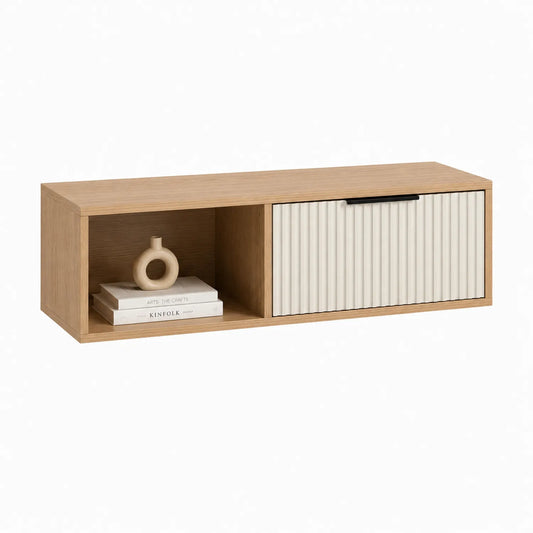 Szafka RTV 120 x 35 x 40 cm MDF dąb naturalny biały front ryflowany z półką i drzwiami