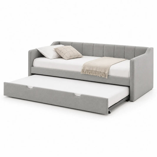 Sofa rozkładana 90 x 200 cm z wysuwanym łóżkiem MDF tkanina poliestrowa szara prostokątna