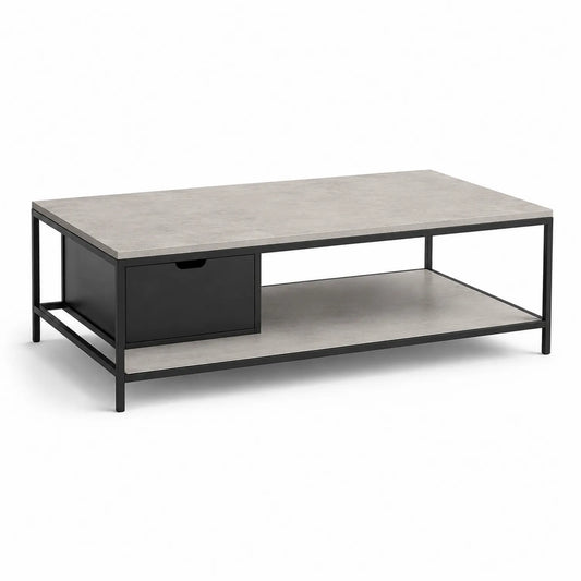 Stolik kawowy prostokątny 110 x 55 x 45 cm MDF stalowa rama szary beż czarny z szufladą i półką
