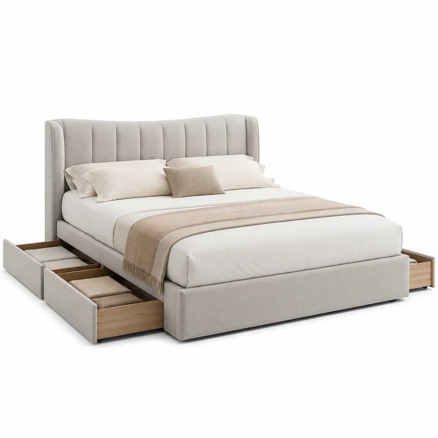 Łóżko tapicerowane z pojemnikiem i szufladami MDF 160 x 200 cm beżowe jasne drewno z zagłówkiem i bocznymi szufladami prostokątne