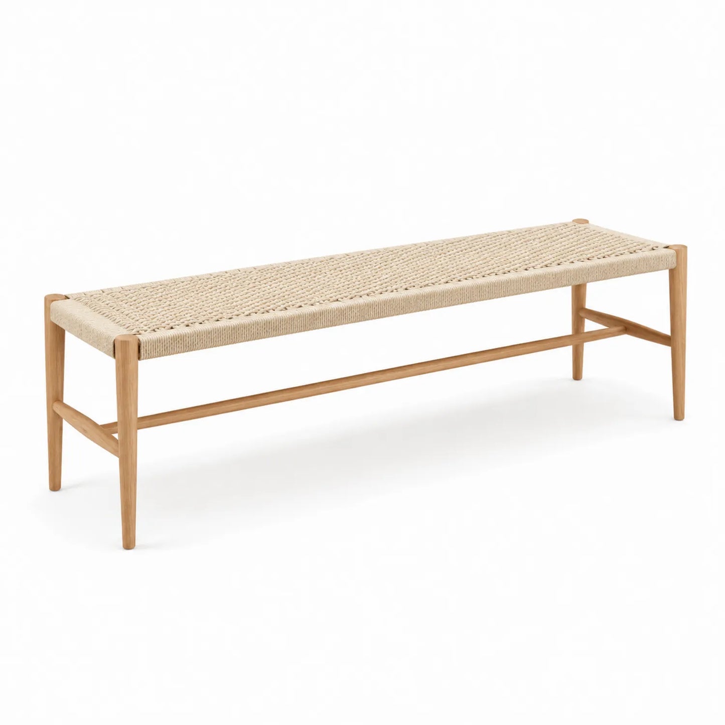 Ławka do sypialni 150 x 38 x 45 cm lite drewno kauczukowe plecione siedzisko naturalne prostokątna