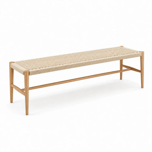 Ławka do sypialni 150 x 38 x 45 cm lite drewno kauczukowe plecione siedzisko naturalne prostokątna