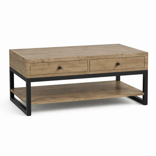 Stolik kawowy 110 x 60 x 45 cm dąb naturalny czarna stal 2 szuflady i dolna półka prostokątny