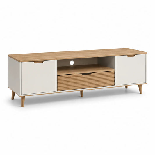 Szafka RTV 160 x 40 x 50 cm płyta laminowana biały dąb naturalny prostokątna z szufladą i szafkami bocznymi