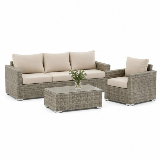 Zestaw mebli ogrodowych sofa trzyosobowa fotel stolik technorattan PE szarobeżowy blat ze szkła hartowanego bez wymiarów
