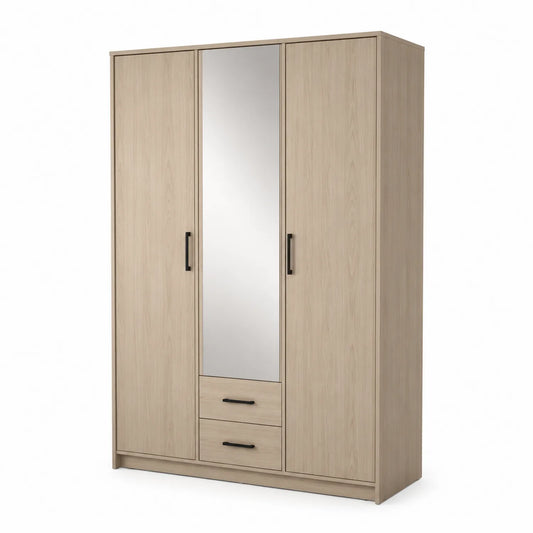 Szafa trzydrzwiowa 120 x 55 x 200 cm płyta laminowana dąb jasny prostokątna z lustrem i 2 szufladami