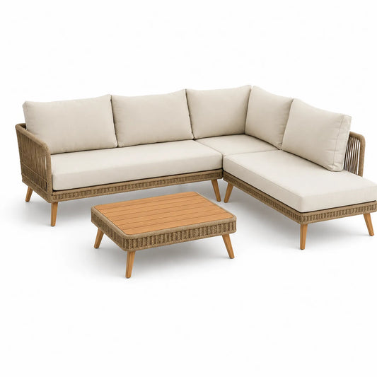 Zestaw mebli ogrodowych sofa narożna 240 x 170 x 75 cm drewno akacjowe PE rattan kremowy beżowy naturalne drewno z stolikiem kawowym
