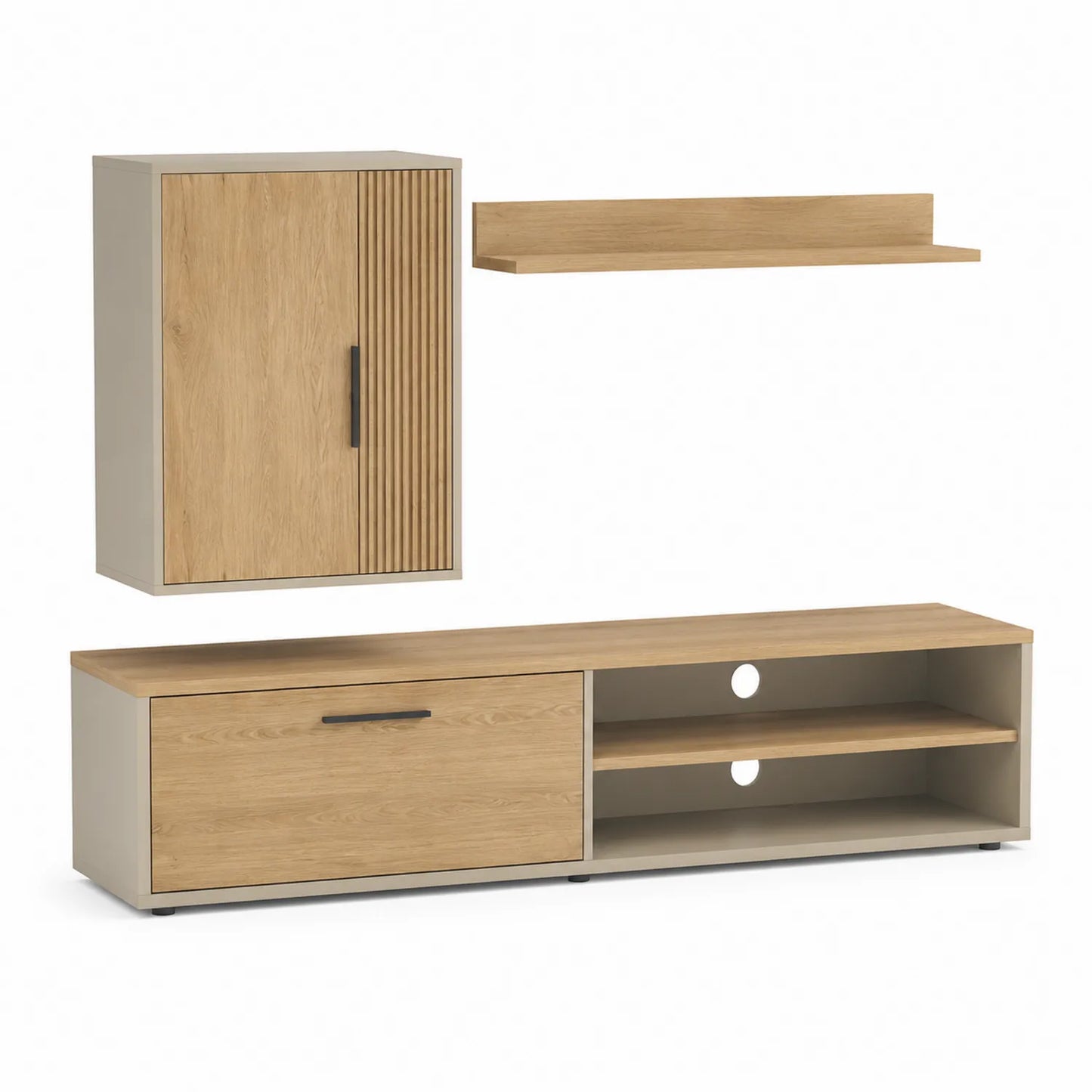 Zestaw mebli RTV szafka RTV 180 x 40 x 45 cm płyta wiórowa laminowana MDF dąb naturalny jasny beż czarny trzy elementy