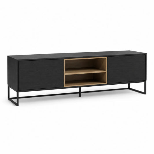Szafka RTV 180 x 40 x 50 cm MDF czarny dąb naturalny z otwartą półką i szafkami bocznymi