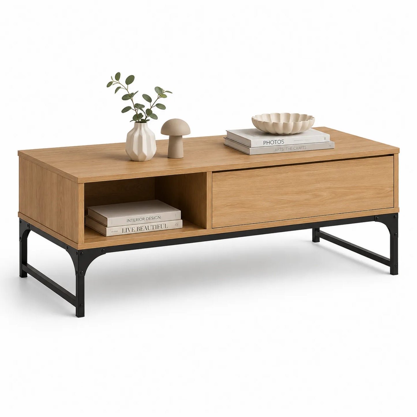 Stolik kawowy prostokątny z płyty MDF na stalowej ramie z szufladą dąb naturalny czarny 120 x 60 x 45 cm