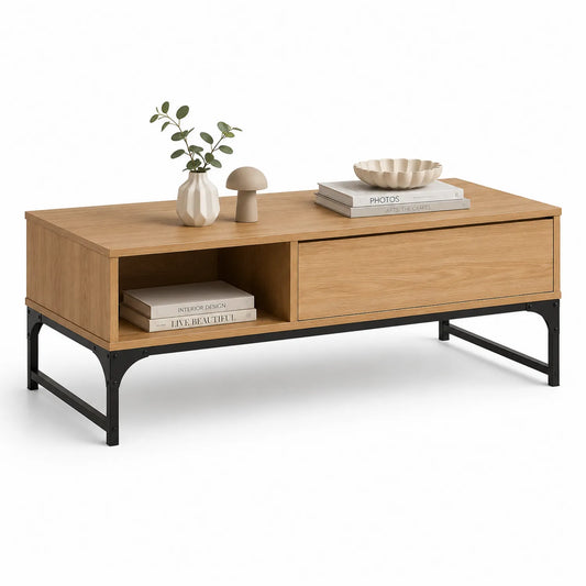 Stolik kawowy prostokątny z płyty MDF na stalowej ramie z szufladą dąb naturalny czarny 120 x 60 x 45 cm