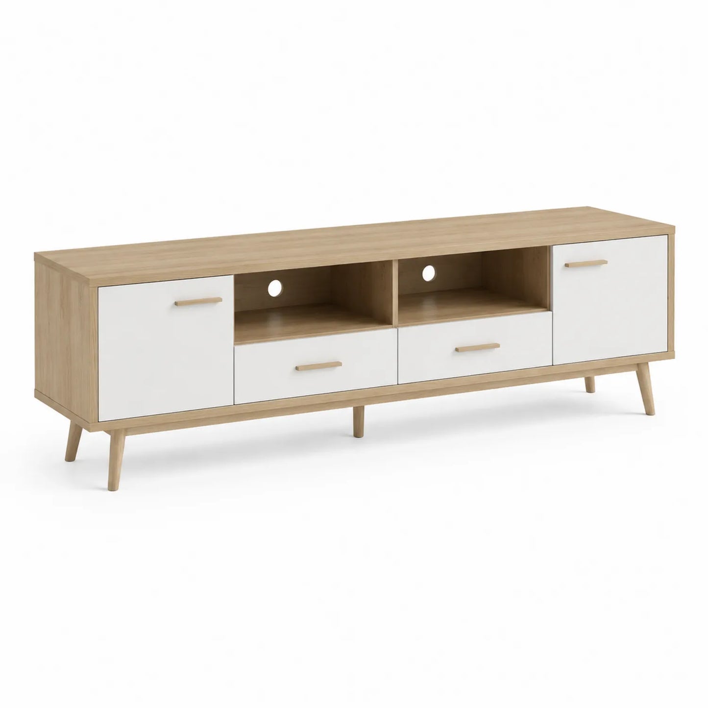 Szafka RTV 180 x 40 x 50 cm płyta laminowana dąb jasny biały z 2 drzwiami i 2 szufladami oraz półkami