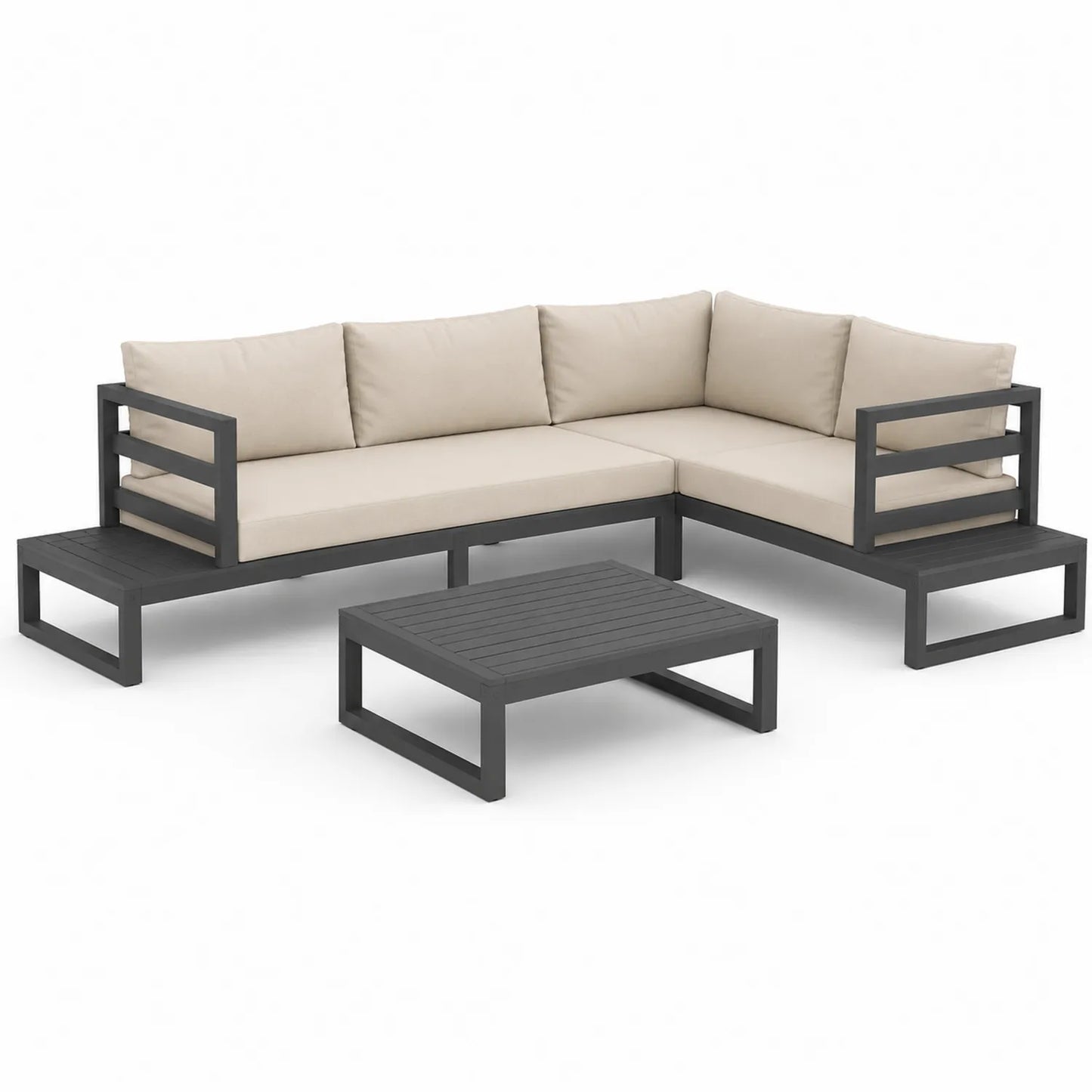 Zestaw mebli ogrodowych sofa narożna L 260 cm 260 cm 65 cm aluminium grafitowy beżowy ze stolikiem 90 cm 60 cm 35 cm