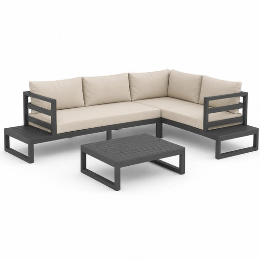 Zestaw mebli ogrodowych sofa narożna L 260 cm 260 cm 65 cm aluminium grafitowy beżowy ze stolikiem 90 cm 60 cm 35 cm