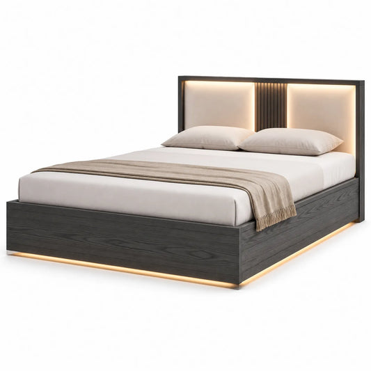 Łóżko i rama łóżka LED 160 x 200 cm płyta MDF tkanina tapicerowana ciemnoszare beżowe nowoczesne