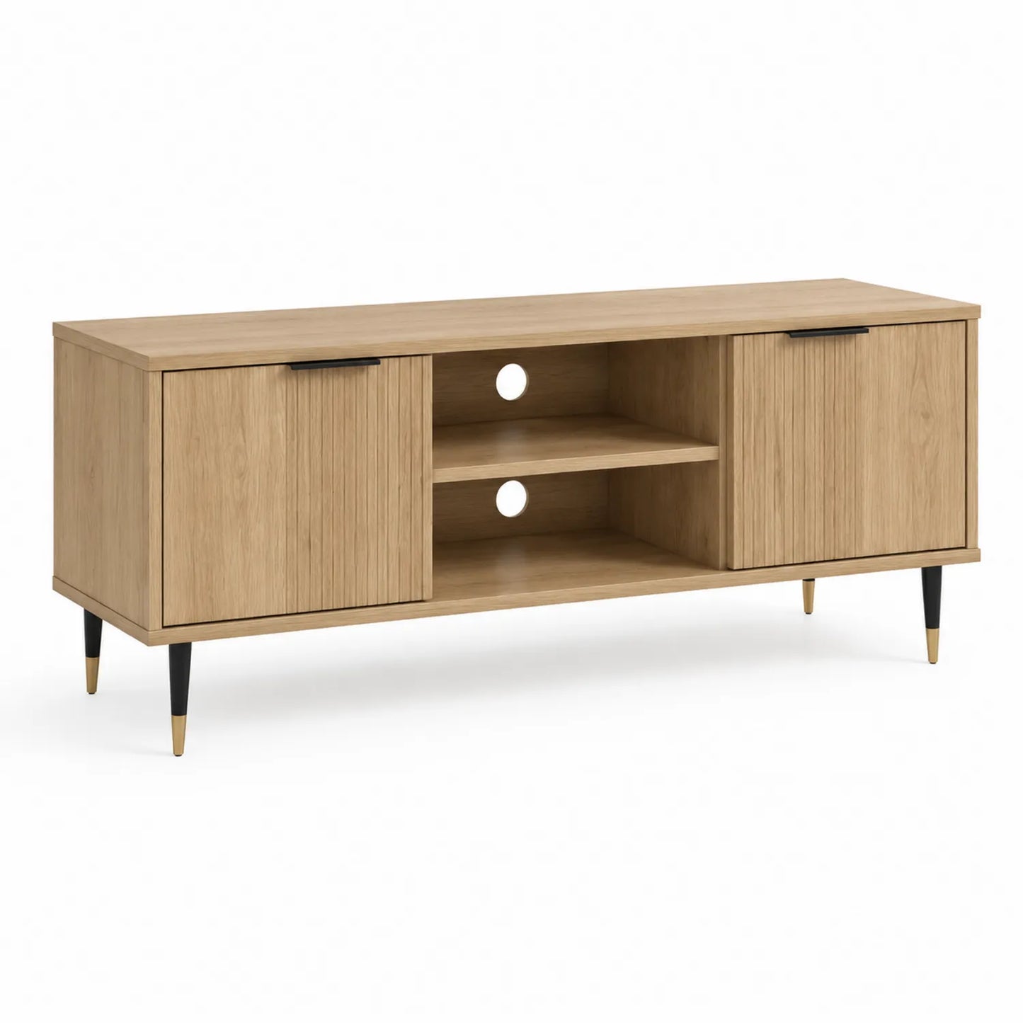 Szafka RTV 160 cm 40 cm 50 cm płyta wiórowa laminowana MDF dąb naturalny z 2 drzwiami i otwartymi półkami oraz otworami na kable