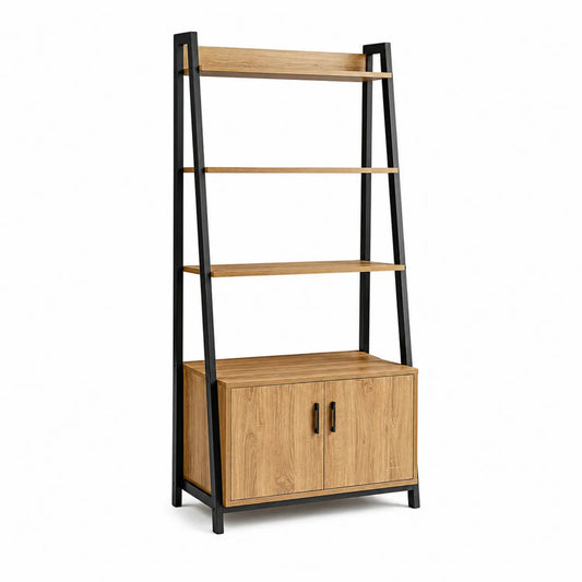 Regał stojący drabinkowy 80 cm 35 cm 180 cm MDF dąb naturalny stalowa czarna rama z szafką 2 drzwi