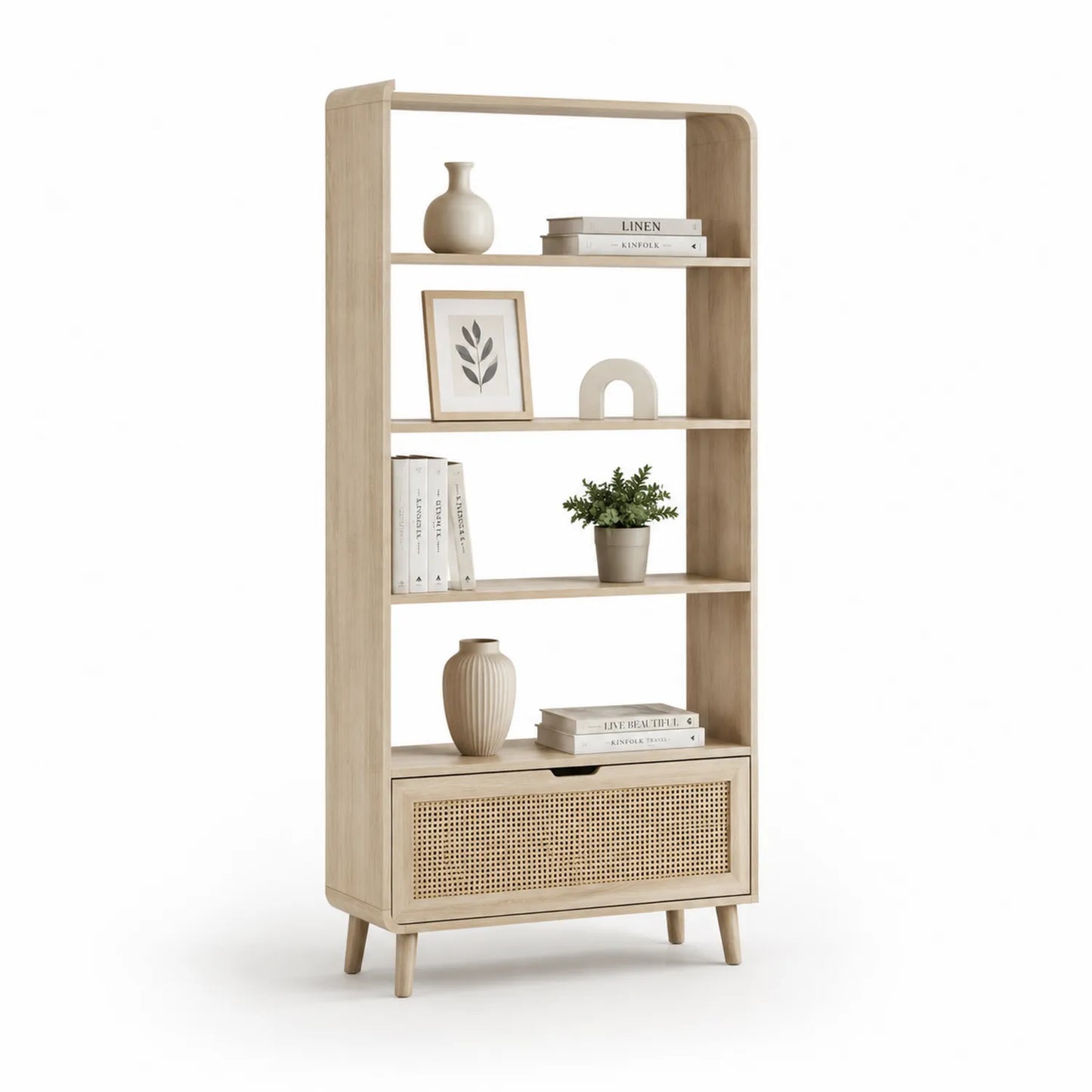 Regał stojący 60 x 32 x 170 cm MDF dąb jasny rattan naturalny z półkami i szufladą prostokątny