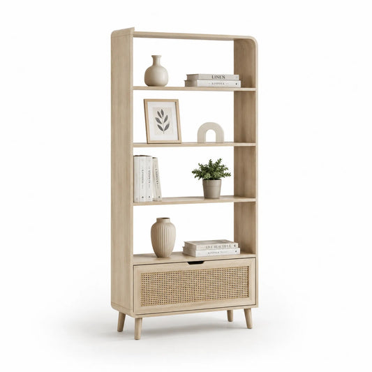 Regał stojący 60 x 32 x 170 cm MDF dąb jasny rattan naturalny z półkami i szufladą prostokątny