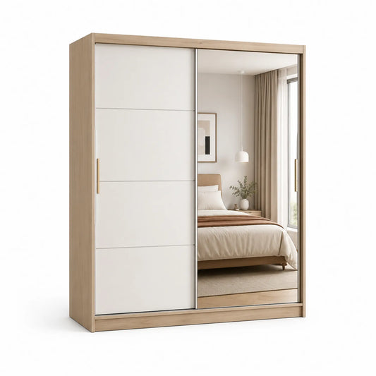 Szafa przesuwna 180 x 60 x 215 cm płyta wiórowa laminowana MDF z lustrem jasny dąb biała