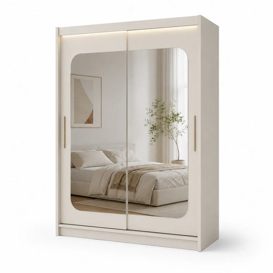 Szafa przesuwna 160 x 60 x 220 cm MDF beżowa prostokątna z lustrem i oświetleniem LED dwudrzwiowa