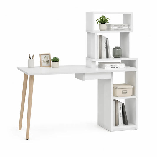 Biurko z regałem 120 cm x 50 cm x 120 cm MDF białe z drewnianymi nogami i bocznym regałem