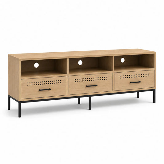 Szafka RTV stojąca prostokątna z MDF na stalowej ramie 3 szuflady 3 otwarte wnęki 180 x 40 x 55 cm dąb naturalny czarny
