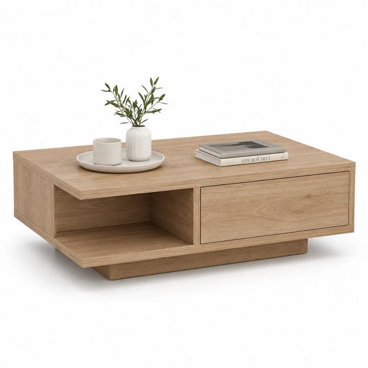 Stolik kawowy prostokątny 120 x 60 x 40 cm MDF płyta wiórowa laminowana dąb naturalny z szufladą i otwartą półką