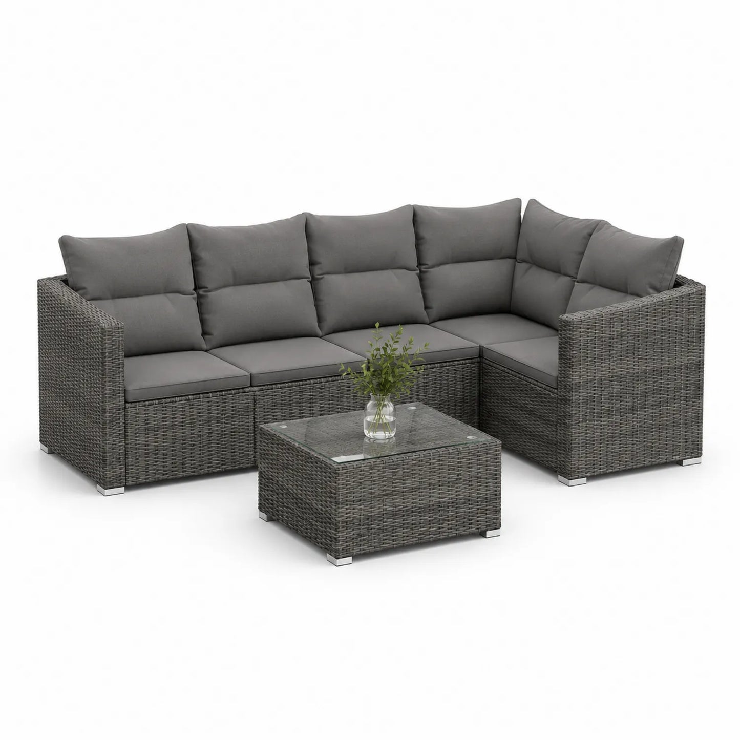 Zestaw mebli ogrodowych narożny sofa 200 x 150 x 70 cm technorattan PE szary grafitowy z stolikiem szklanym i poduszkami