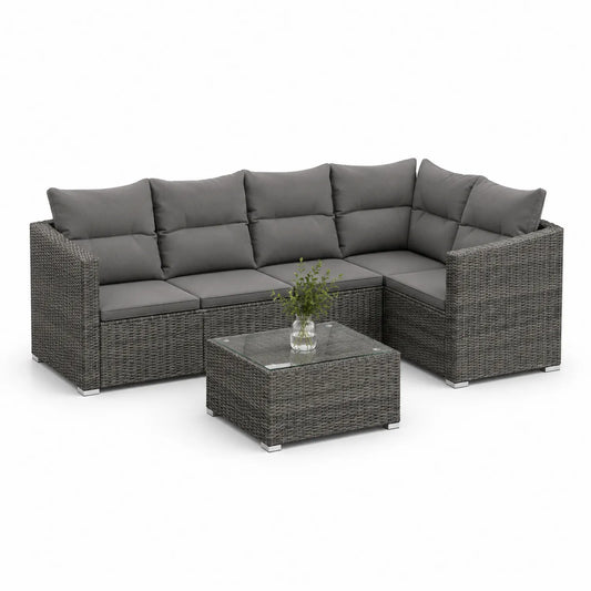 Zestaw mebli ogrodowych narożny sofa 200 x 150 x 70 cm technorattan PE szary grafitowy z stolikiem szklanym i poduszkami