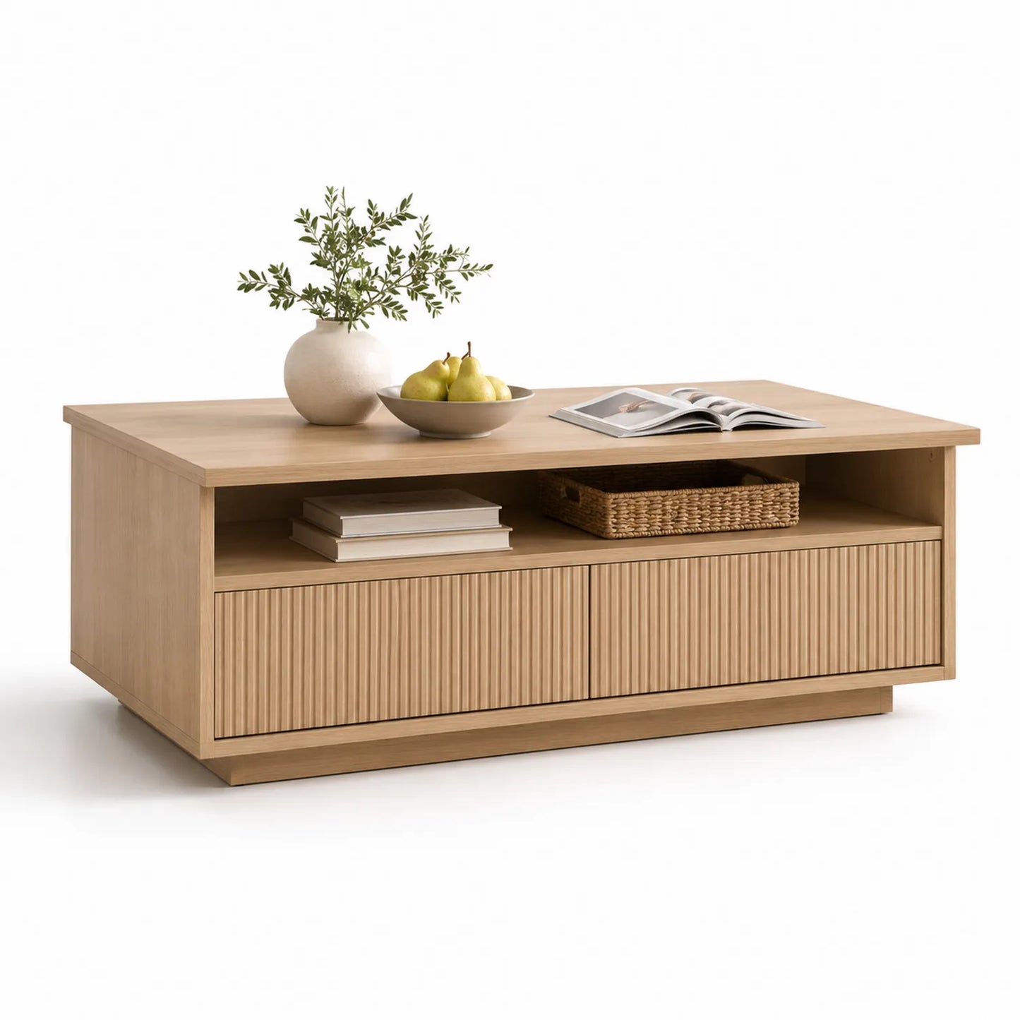 Stolik kawowy 110 cm 60 cm 45 cm MDF płyta wiórowa laminowana dąb naturalny 2 szuflady otwarta półka