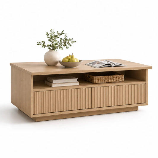Stolik kawowy 110 cm 60 cm 45 cm MDF płyta wiórowa laminowana dąb naturalny 2 szuflady otwarta półka
