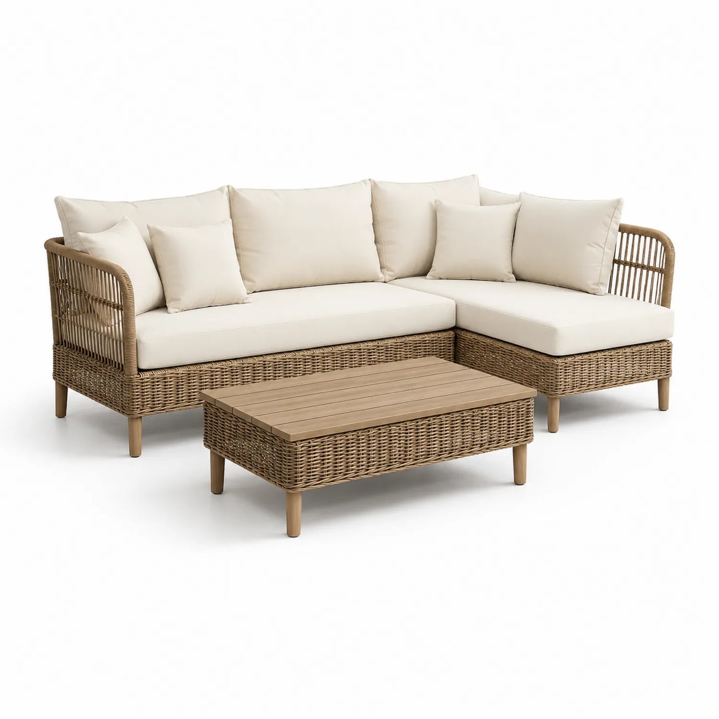 Zestaw mebli ogrodowych sofa narożna z szezlongiem 240 x 170 x 75 cm drewno akacjowe PE rattan kremowy beż naturalne drewno z stolikiem kawowym