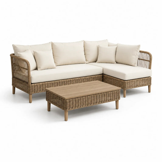 Zestaw mebli ogrodowych sofa narożna z szezlongiem 240 x 170 x 75 cm drewno akacjowe PE rattan kremowy beż naturalne drewno z stolikiem kawowym