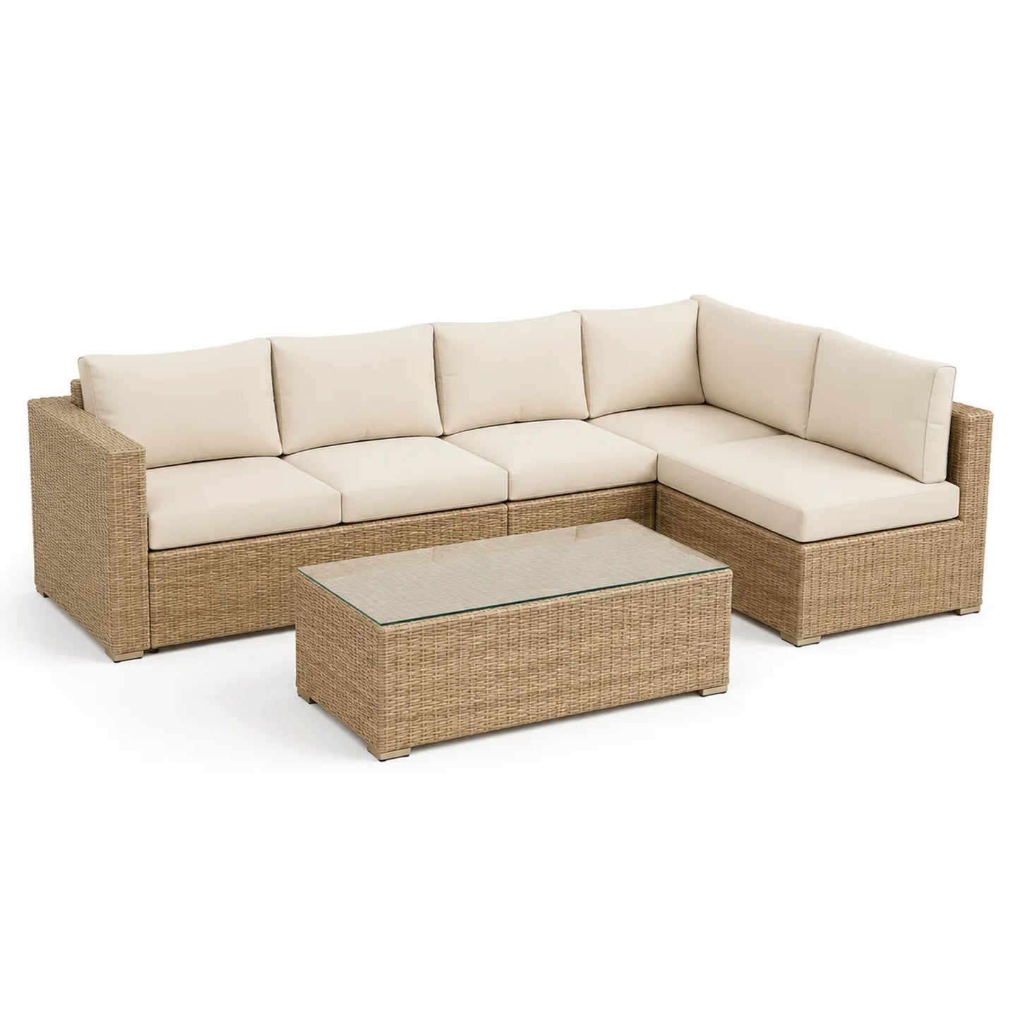 Zestaw mebli ogrodowych sofa narożna z technorattanu PE ze stolikiem ze szkłem hartowanym beżowy kremowy przezroczysty około 240 x 180 x 70 cm