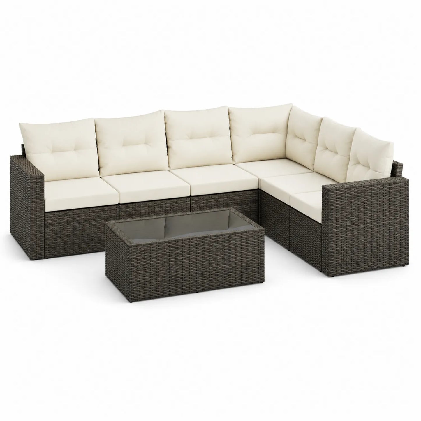 Zestaw mebli ogrodowych sofa narożna L technorattan PE 250 cm 190 cm 65 cm brązowy beżowy ze stolikiem 90 cm 60 cm 35 cm