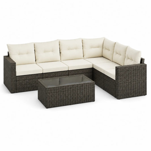Zestaw mebli ogrodowych sofa narożna L technorattan PE 250 cm 190 cm 65 cm brązowy beżowy ze stolikiem 90 cm 60 cm 35 cm