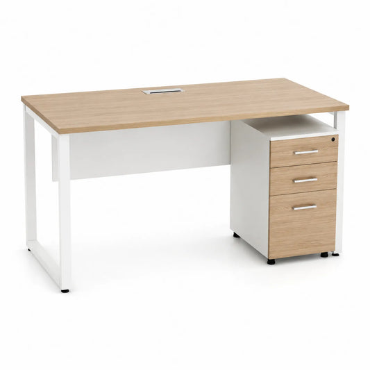 Biurko tradycyjne płyta MDF płyta wiórowa laminowana 140 cm x 70 cm x 75 cm dąb naturalny biały czarny z kontenerkiem 3 szuflady przepust kablowy