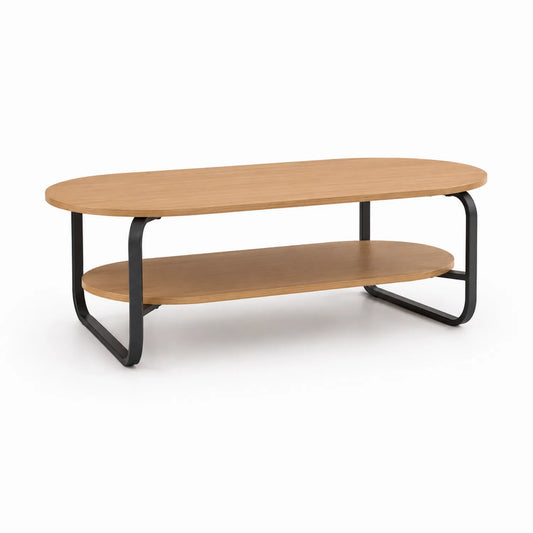 Stolik kawowy owalny 120 x 55 x 42 cm MDF dąb naturalny czarna stal dwupoziomowy