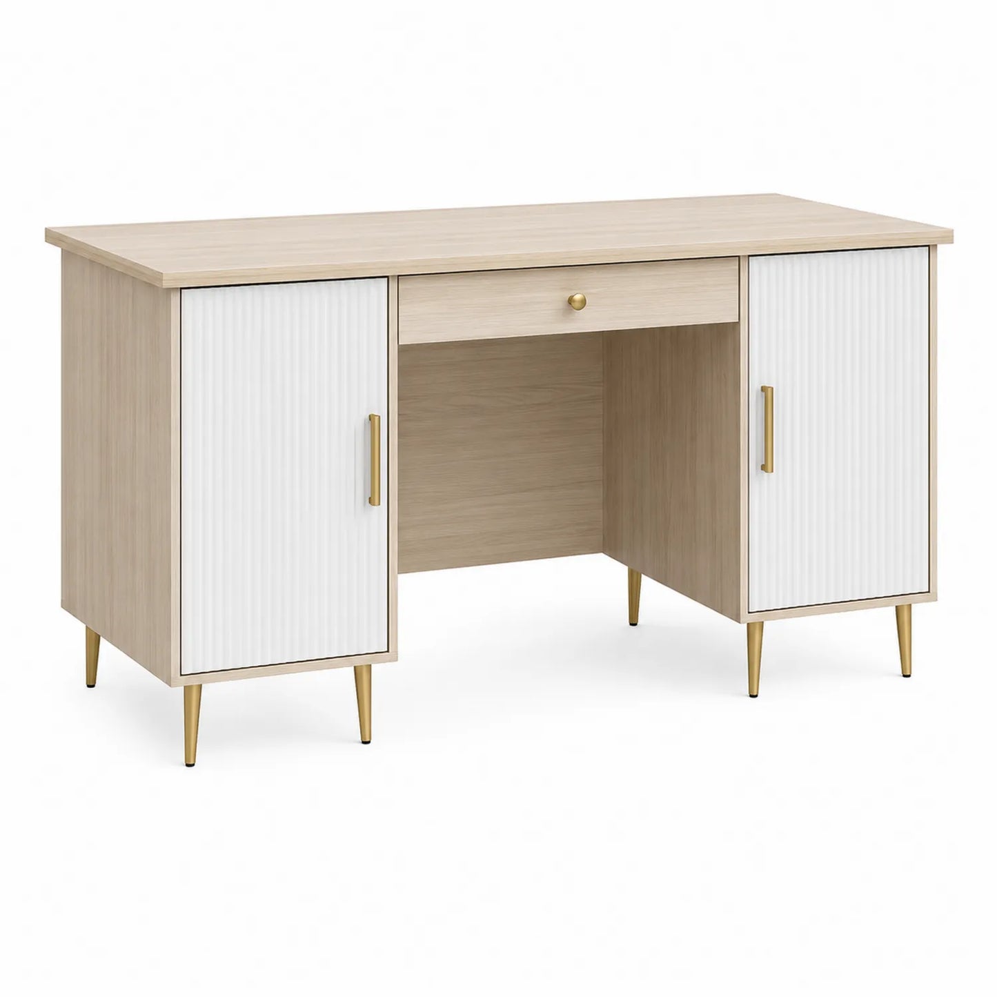 Biurko tradycyjne 140 cm x 60 cm x 75 cm MDF płyta wiórowa jasny dąb biały złoty z szafkami i szufladą
