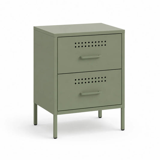 Szafka nocna metalowa 40 x 35 x 60 cm stal malowana proszkowo zielona prostokątna z 2 szufladami perforowany front